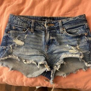 Distressed denim aero shorts